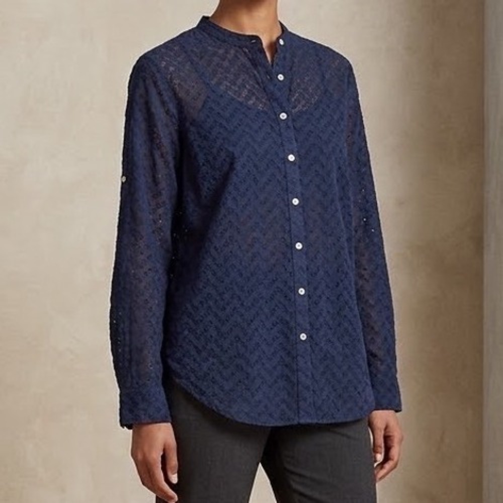 Lauren Ralph Lauren Navy Eyelet Cotton Button Down Shirt Sz 3X Sheer Layering